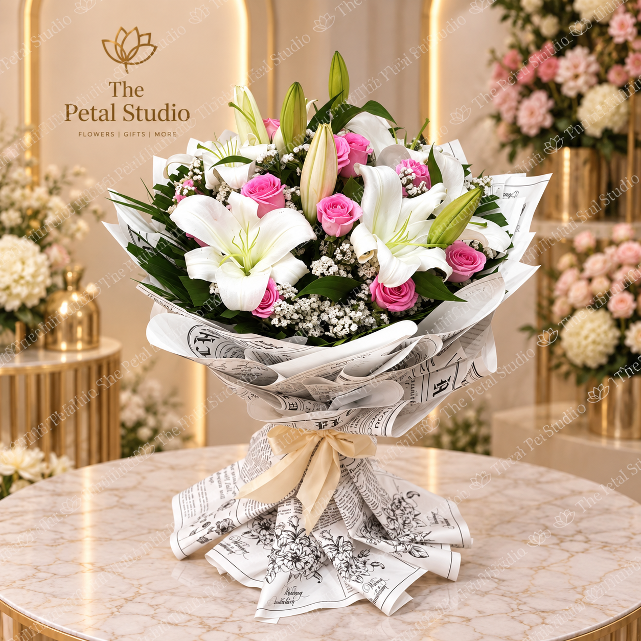 Pink Rose White Lily Newspaper Bouquet - Pink roses and white lilies in newspaper-style wrapping