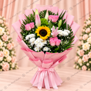 Pink Sunflower and Rose Mixed Flower Bouquet - Pink sunflower and rose mixed flower bouquet with white chrysanthemums, lilies and baby's breath