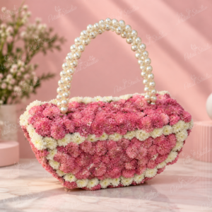 Pink and White Floral Handbag - Pink and white chrysanthemum floral handbag arrangement with pearl handle