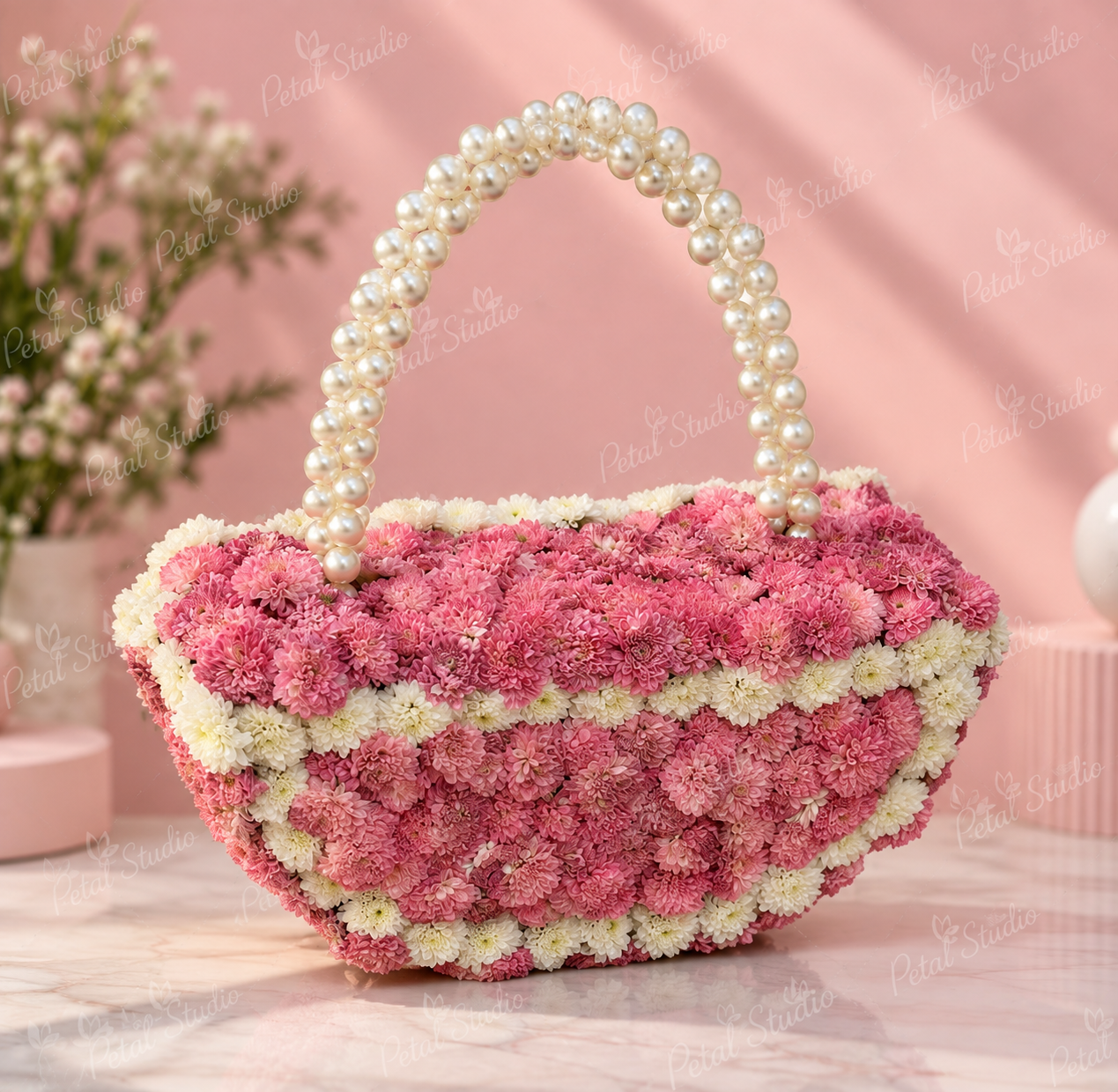 Pink and White Floral Handbag - Pink and white chrysanthemum floral handbag arrangement with pearl handle