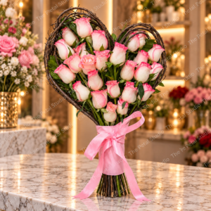 Pink and White Rose Heart Frame Bouquet - Heart-shaped rose bouquet with white and pink roses, rustic frame and pink ribbon