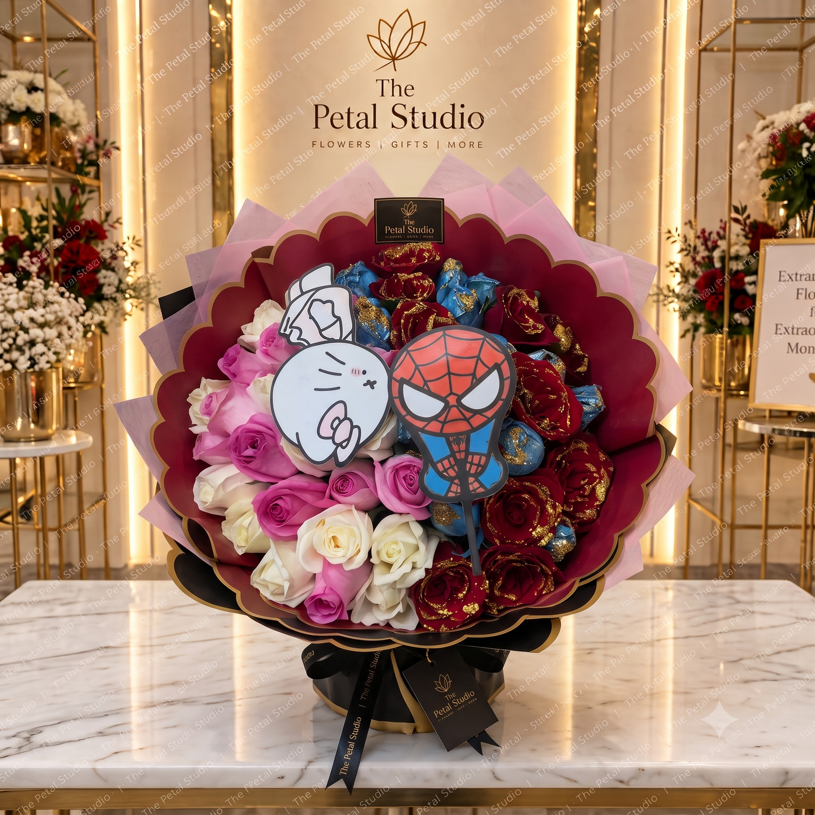 Spider-Man and Hello Kitty 80 Rose Bouquet - 80 rose bouquet with pink and white roses, chocolate roses and Spider-Man and Hello Kitty themed toppers
