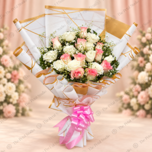 Premium Blush and Ivory Rose Bouquet - Premium blush and ivory rose bouquet with baby's breath in white and gold wrapping