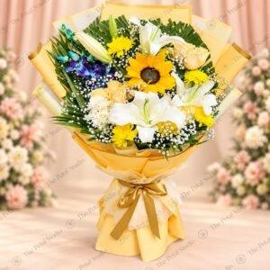 Mixed Flowers Sunflower Orchid Premium Bouquet - Colorful mixed flower bouquet with sunflowers, red roses, carnations, orchids, chrysanthemums and baby's breath