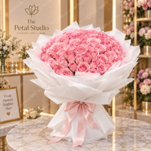 Pink Rose Romance Bouquet - Soft pink rose bouquet with baby's breath in blush and cream wrapping