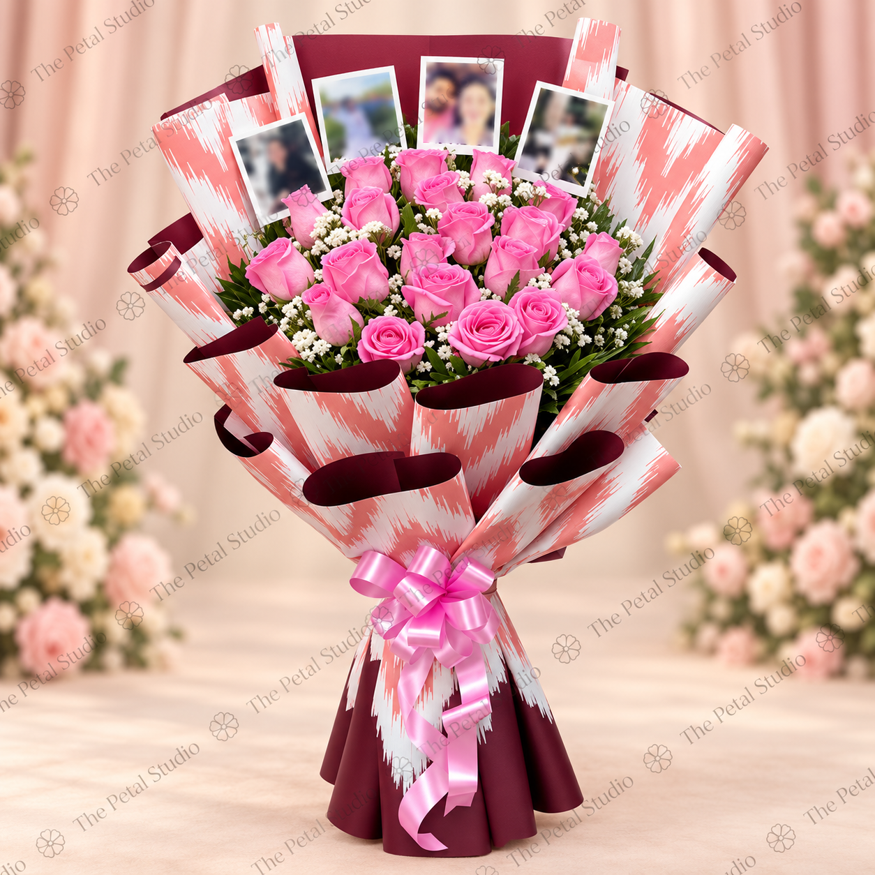 Premium Pink Rose Photo Bouquet - Pink rose bouquet with photo cards in pink and white wrapping
