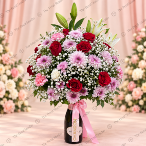 Premium Red Rose and Lavender Chrysanthemum Bottle - Premium red rose and lavender chrysanthemum flower arrangement in a bottle with pink ribbon