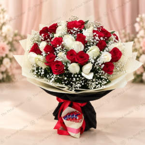 Premium Red and White Rose Bouquet with Baby - Premium red and white rose bouquet with baby's breath and KitKat chocolates