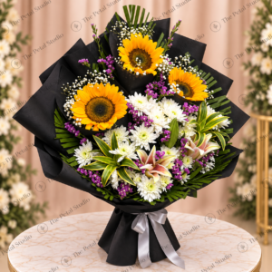 Premium Sunflower and Lily Black Bouquet - Premium sunflower and lily bouquet with white chrysanthemums, purple filler flowers and baby's breath in black wrapping