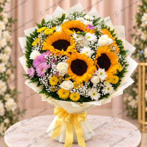 Premium Sunflower and Mixed Flowers Bouquet - Premium sunflower and mixed flower bouquet with white roses, chrysanthemums, baby's breath and yellow and purple flowers