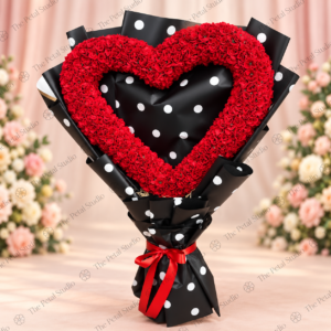 Red Heart Rose Bouquet in Black Polka - Artificial red heart-shaped rose bouquet in black and white polka dot wrapping with red ribbon