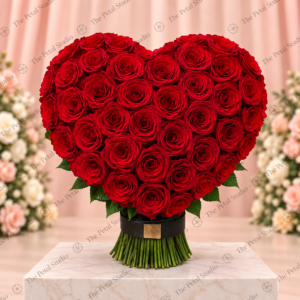 Red Heart-Shaped Rose Bouquet - Heart-shaped bouquet of red roses with green leaves and a dark band