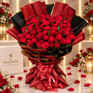 Red Romance - Red rose bouquet in red wrapping with red ribbon and black accents