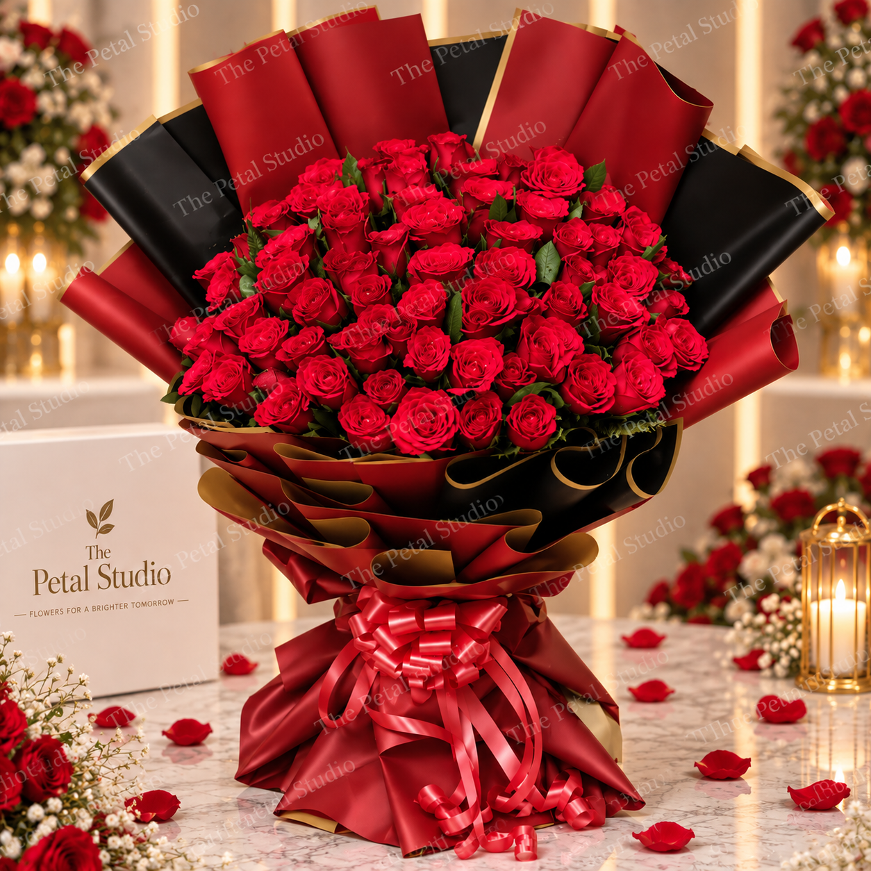 Red Romance - Red rose bouquet in red wrapping with red ribbon and black accents