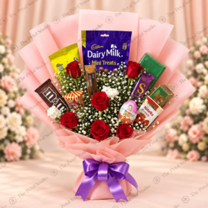 Red Rose and Assorted Chocolate Bouquet - Red rose and assorted chocolate bouquet with baby's breath in pink wrapping
