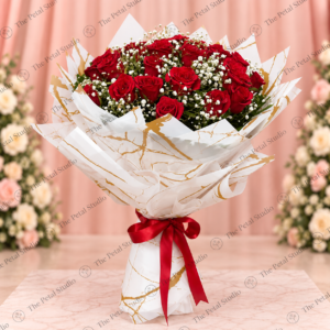 Red Rose and Baby s Breath Luxury - Red rose and baby's breath luxury bouquet in white and gold wrapping