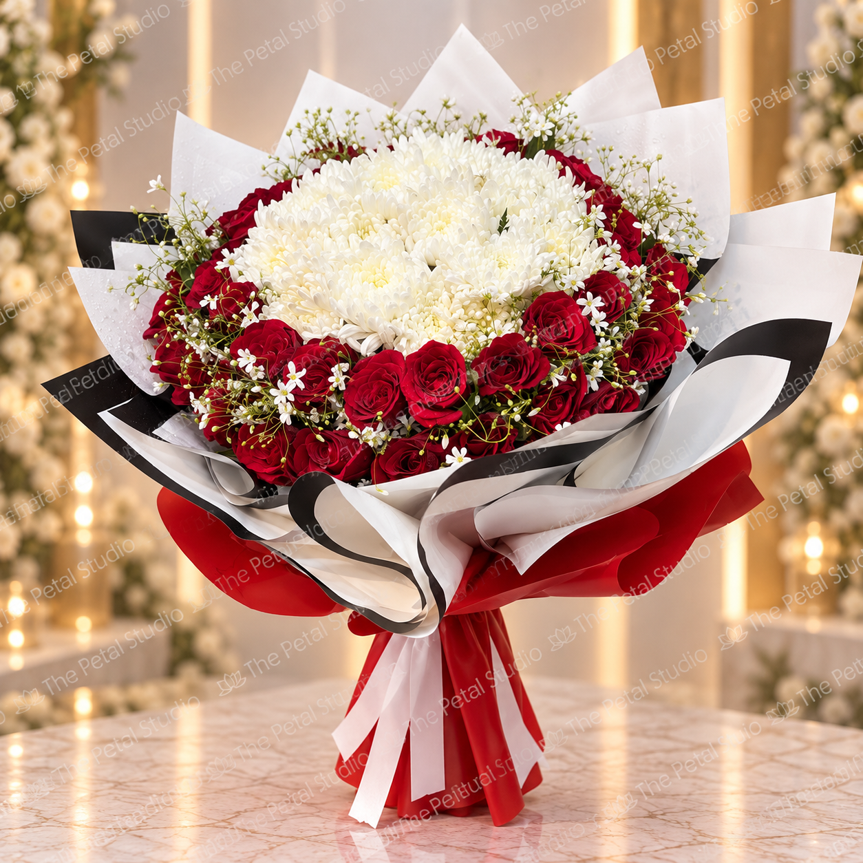 Red Rose White Chrysanthemum Premium Bouquet - Red roses around white chrysanthemums with baby's breath in red and white wrapping
