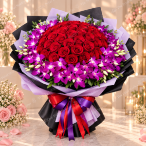 Royal Passion - Grand red rose and purple orchid bouquet with lush greenery in black and lavender wrapping