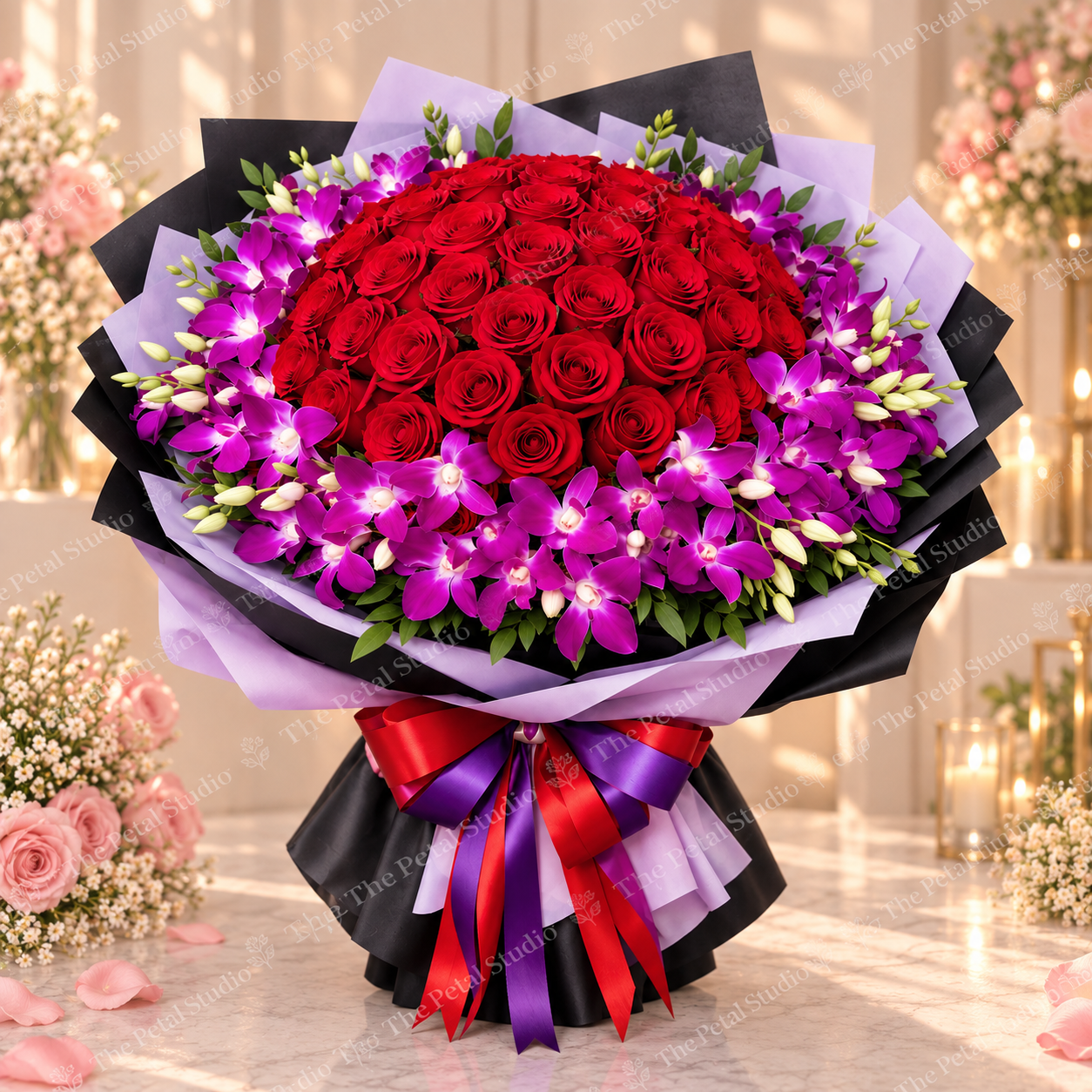 Royal Passion - Grand red rose and purple orchid bouquet with lush greenery in black and lavender wrapping