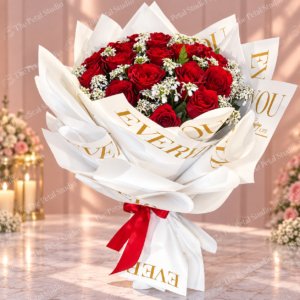 Red Rose Love Bouquet - Red rose bouquet with white filler flowers, LOVE wrapping and red ribbon