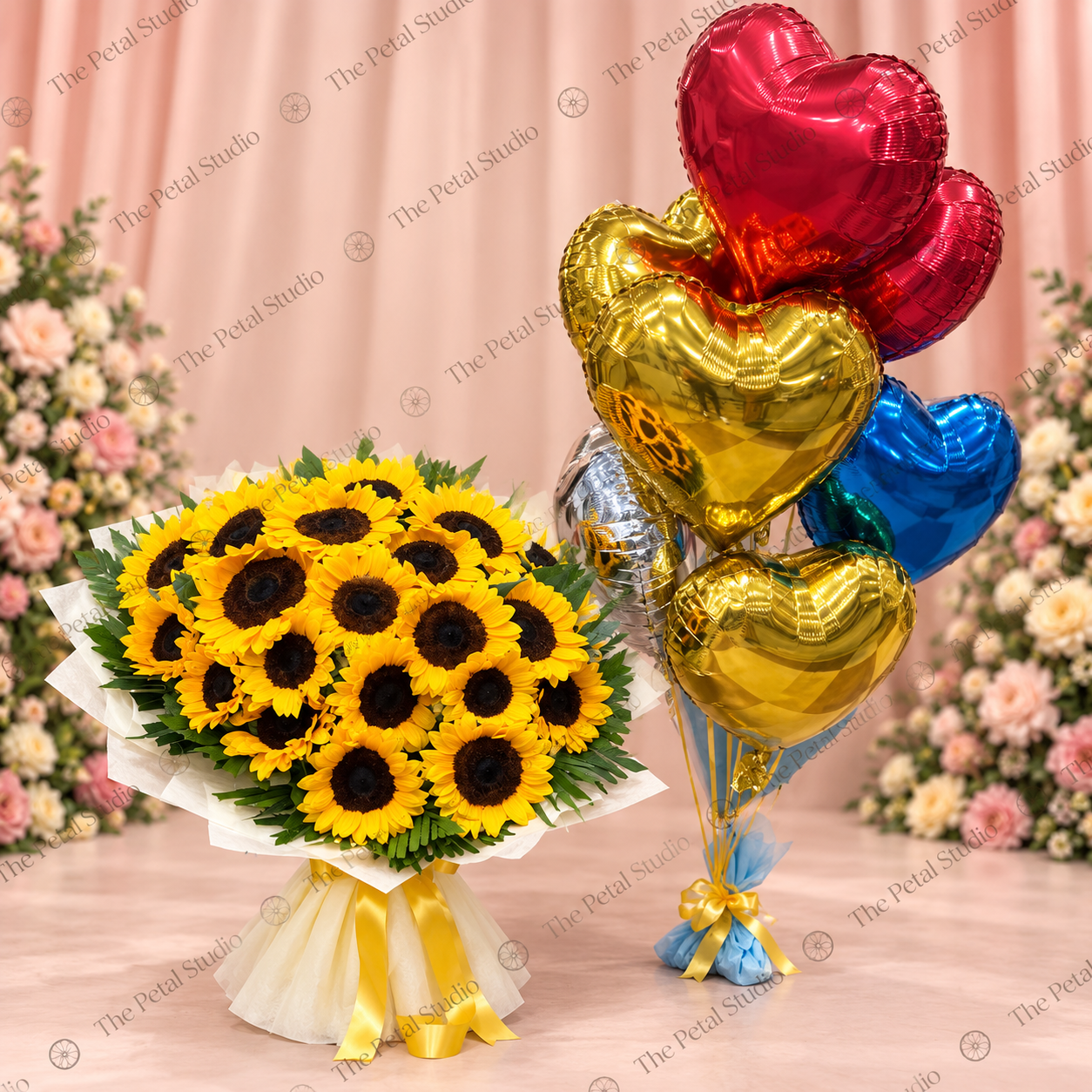 Sunflower Bouquet and Heart Balloon Combo - Sunflower bouquet with colorful heart-shaped balloons and cream wrapping