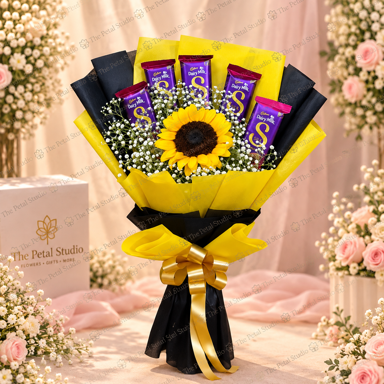 Sunflower Dairy Milk Chocolate Bouquet - Sunflower and Dairy Milk Silk chocolate bouquet with baby's breath, yellow wrapping and gold ribbon