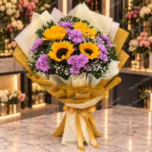 Sunflower Lavender - Sunflowers with lavender chrysanthemums and baby's breath in gold wrapping