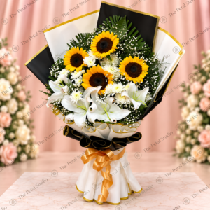Sunflower Lily Premium Black and Gold Bouquet - Premium sunflower and white lily bouquet with chrysanthemums, baby's breath and black gold wrapping