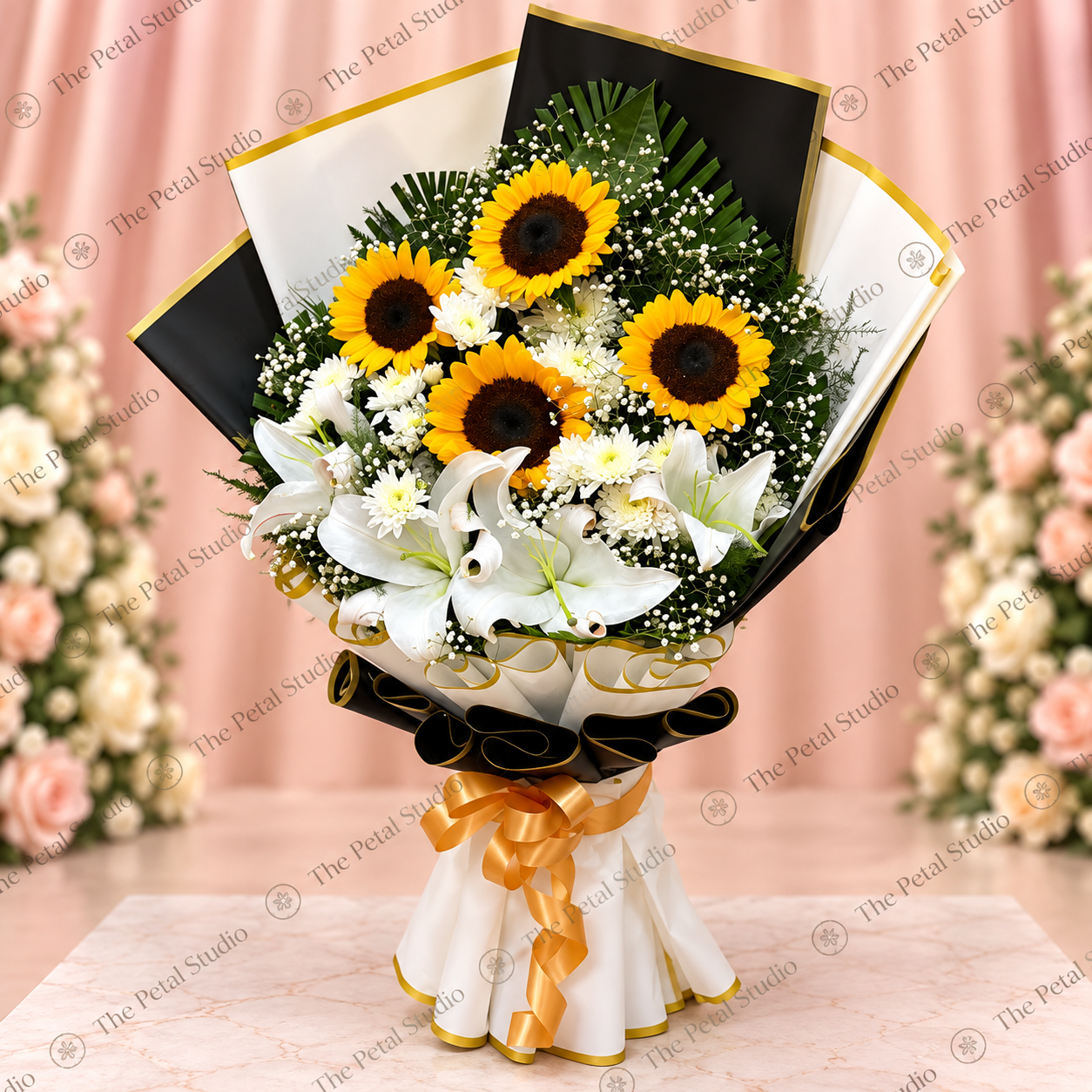 Sunflower Lily Premium Black and Gold Bouquet - Premium sunflower and white lily bouquet with chrysanthemums, baby's breath and black gold wrapping