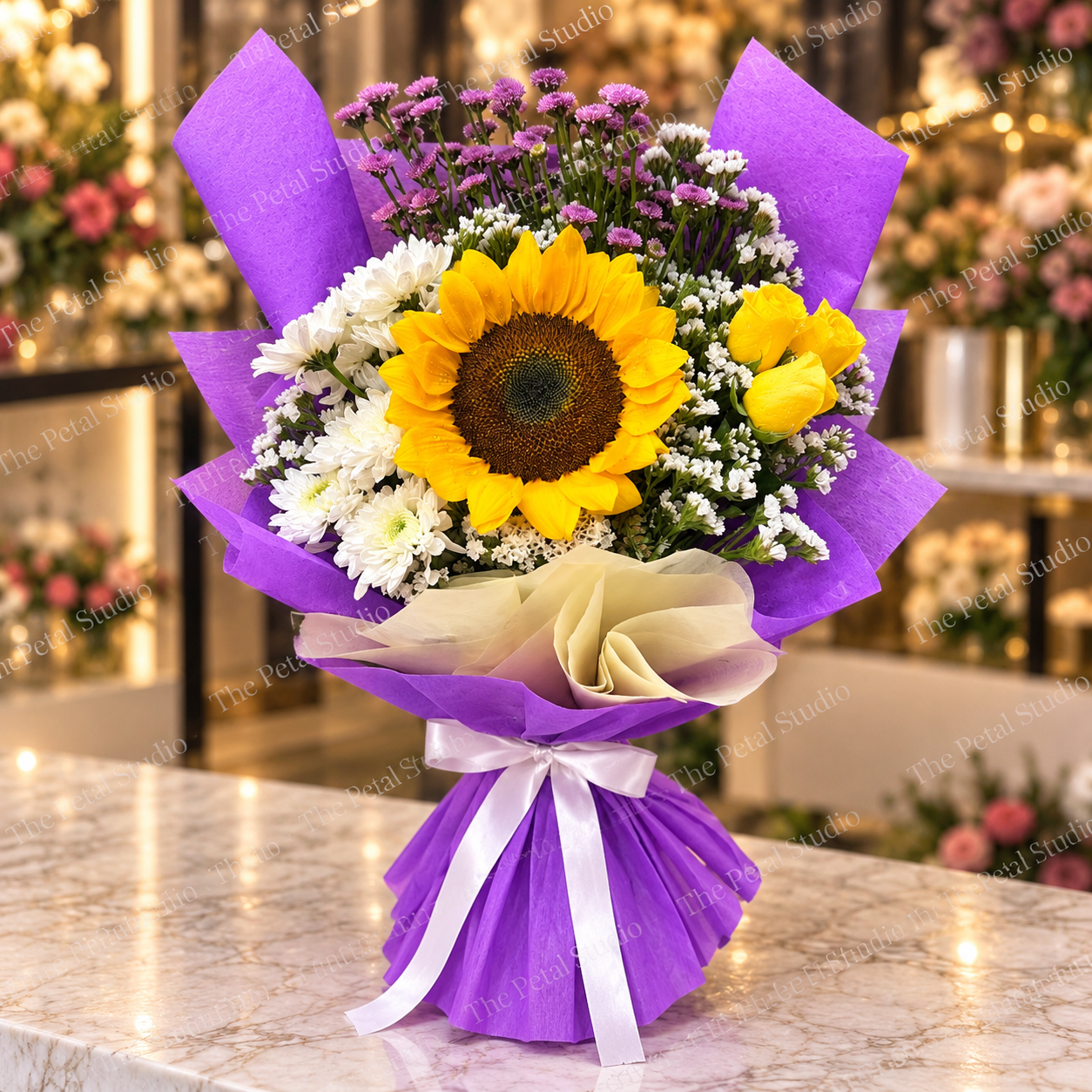 Sunflower Purple Charm Bouquet - Sunflower bouquet with purple filler flowers, yellow roses, white chrysanthemums and baby's breath