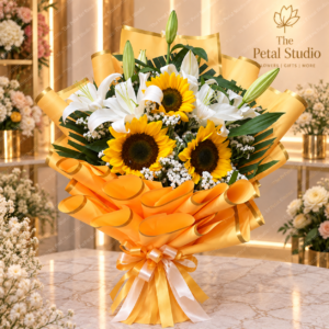 Sunflower White Lily Premium Bouquet - Sunflower and white lily premium bouquet with baby's breath and orange-gold wrapping