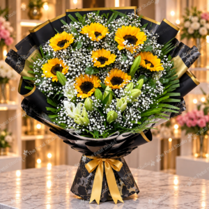 Sunflower Lily Bouquet - Large sunflower and lily bouquet with white baby's breath, greenery and black-gold wrapping