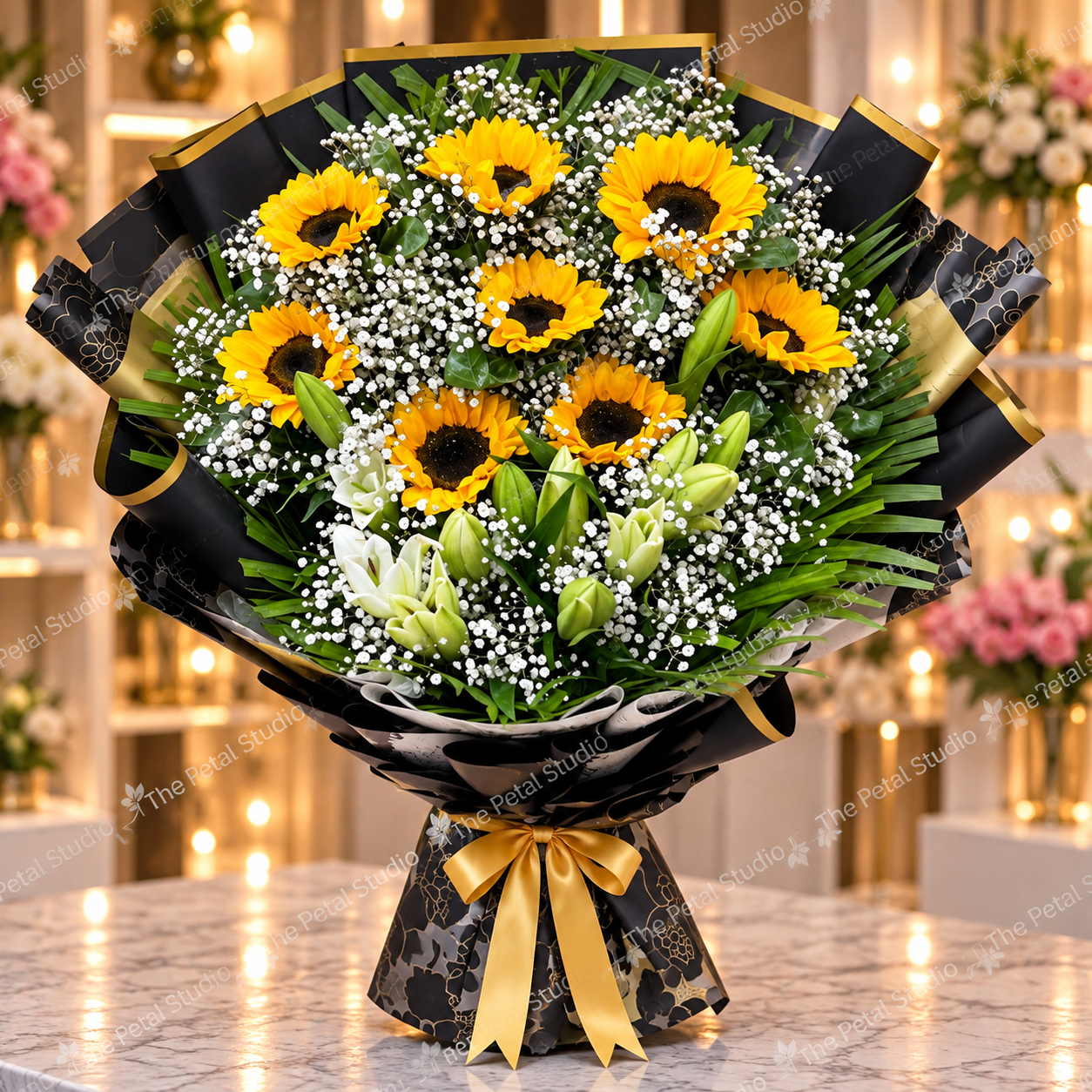 Sunflower Lily Bouquet - Large sunflower and lily bouquet with white baby's breath, greenery and black-gold wrapping