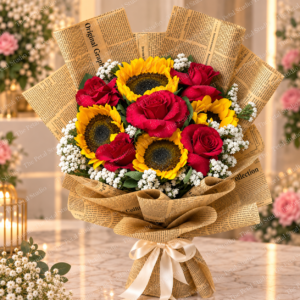 Sunshine Romance - Sunflowers and red roses bouquet in rustic burlap wrapping