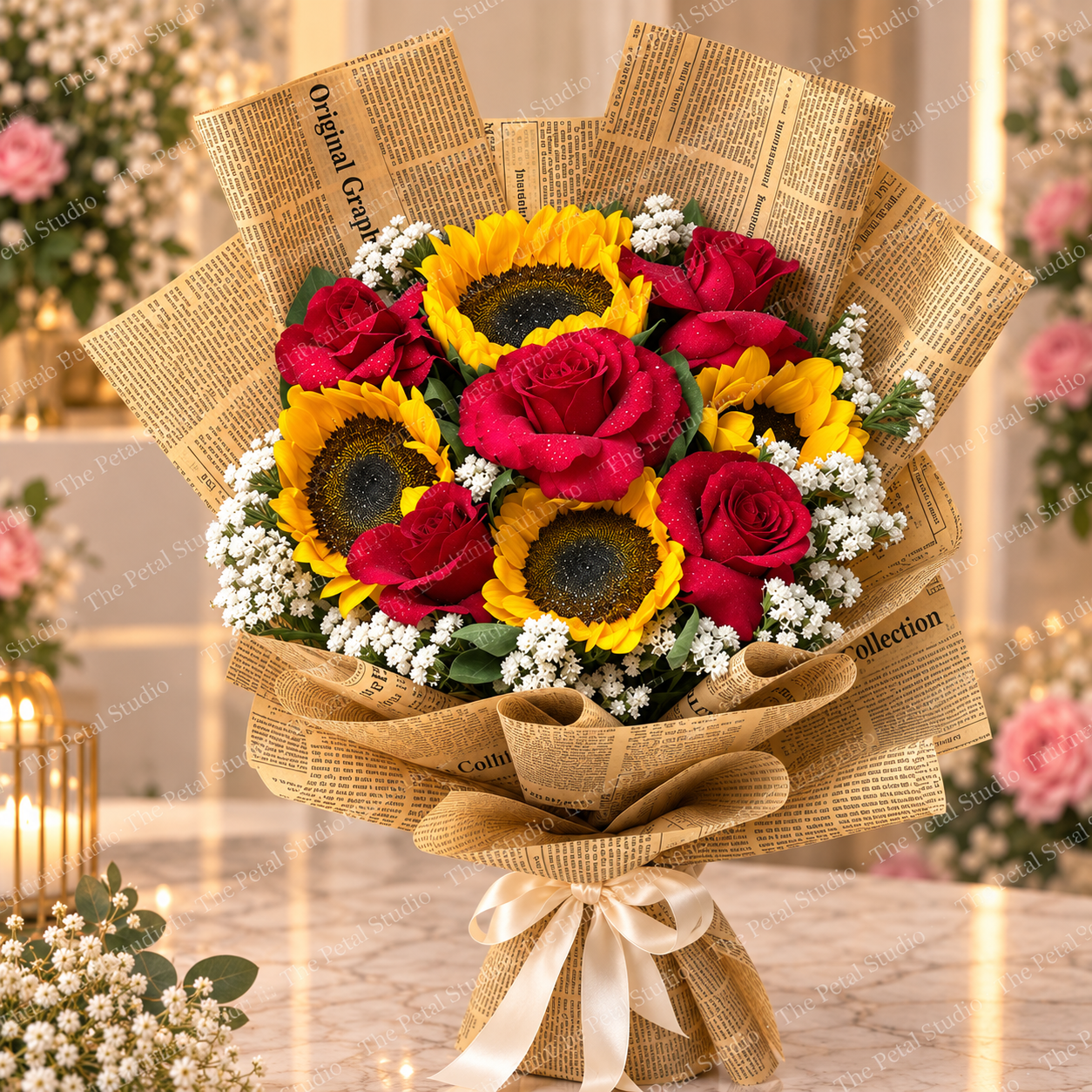 Sunshine Romance - Sunflowers and red roses bouquet in rustic burlap wrapping