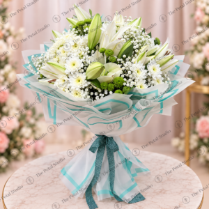 White Lily and Chrysanthemum Mixed Flower Bouquet - White lily and chrysanthemum mixed flower bouquet with baby's breath in white and aqua wrapping