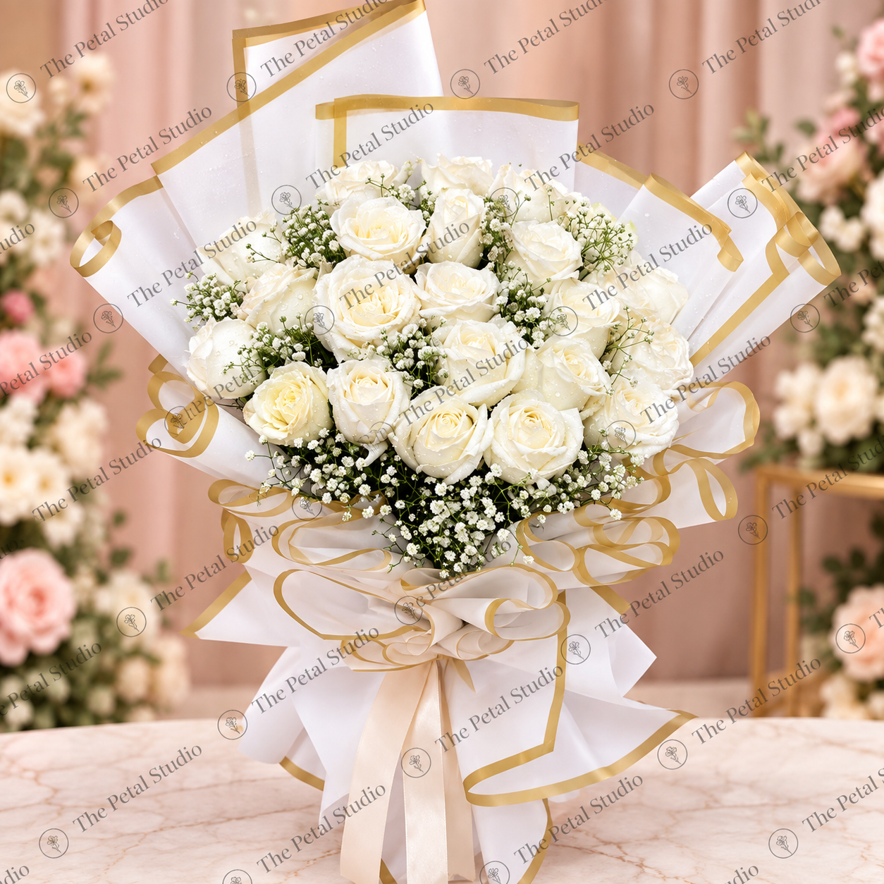 White Rose and Baby s Breath Luxury - Luxury white rose and baby's breath bouquet in white and gold wrapping