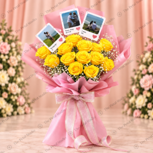 Yellow Rose Photo Bouquet - Yellow rose photo bouquet with baby's breath, personalized photo cards and pink wrapping