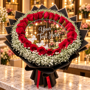 Your Text Here Rose Mirror Bouquet - Luxury red rose mirror bouquet with baby's breath, black wrapping and customizable acrylic message
